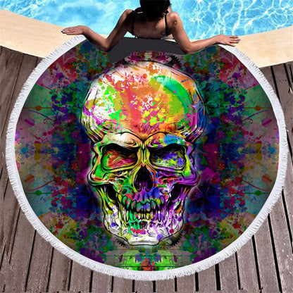 Skull print with tassel round beach towel